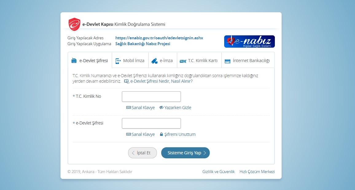 e-Devlet şifresi ile e-Nabız giriş ekranı: e-Nabız giriş ...